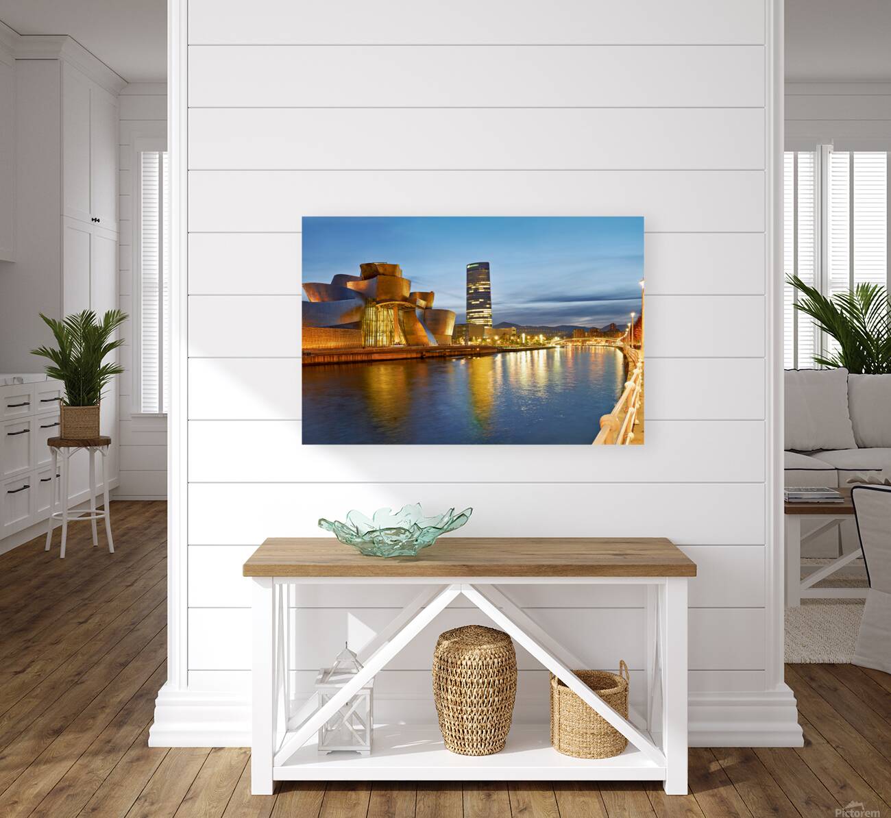 Guggenheim Museum view at night in Bilbao Spain by the river Reproduction