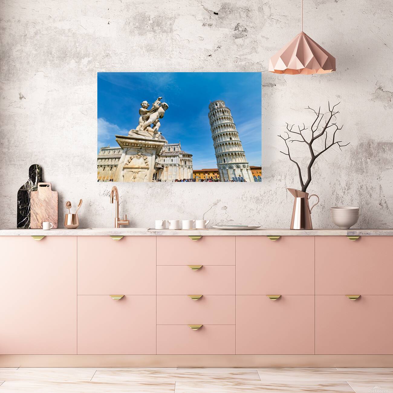 Visitors watch the Leaning Tower and the fountain of angels in Piazza dei Miracoli. Bright sky adds to the lively atmosphere in Pisa. Reproduction