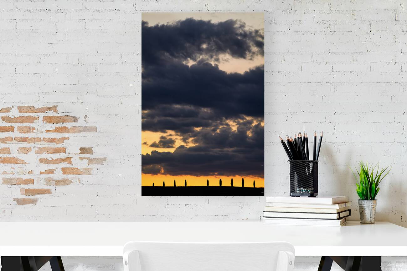 Sunset in Val dOrcia with cypresses in Tuscany Italy Reproduction