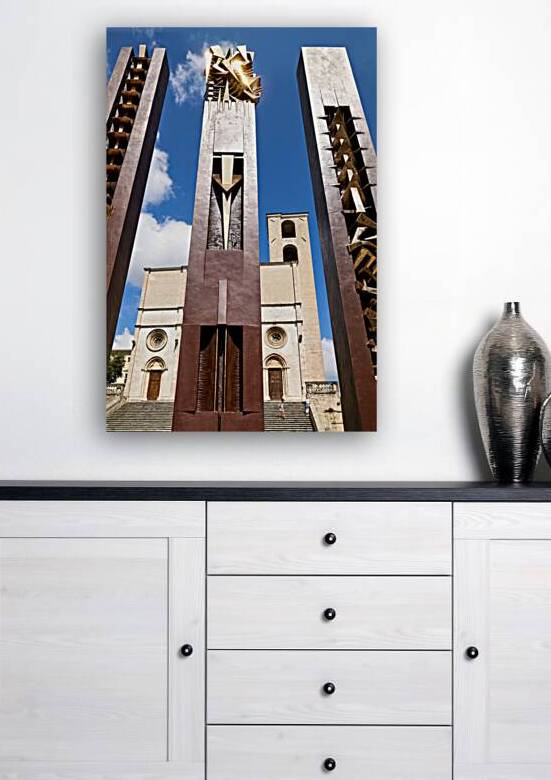 Todi Umbria Italy. Concattedrale della Santissima Annunziata. Cathedral. Piazza del Popolo. The statue Quattro Stele by Arnaldo Pomodoro by Marco Brivio