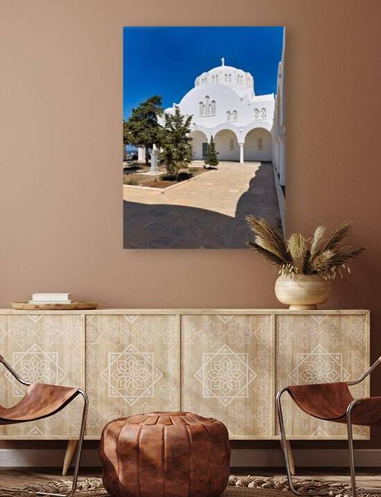 Beautiful white church green trees and blue sky. by Marco Brivio