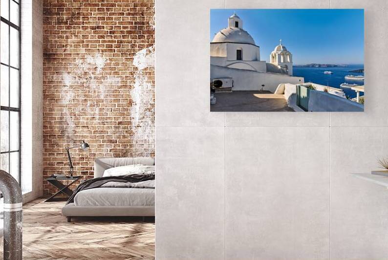 Santorini: White churches blue sea and cruise ships. by Marco Brivio