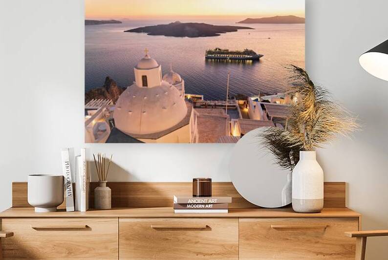 Santorini sunset: cruise ship caldera and white domed churches by Marco Brivio