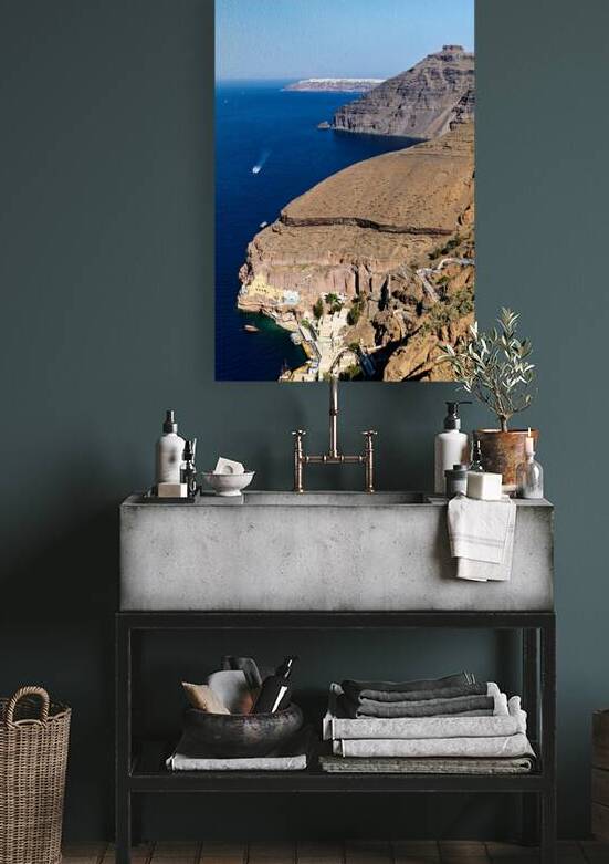 Santorini caldera with cliffs deep blue sea port and distant  by Marco Brivio