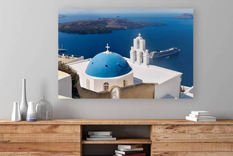 Santorini blue dome church caldera and cruise ship. by Marco Brivio