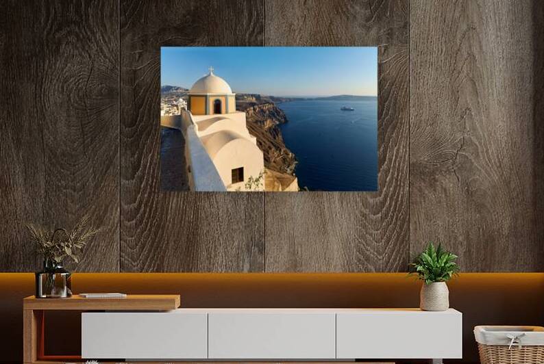 Santorini church overlooking caldera with cruise ship and blue s by Marco Brivio