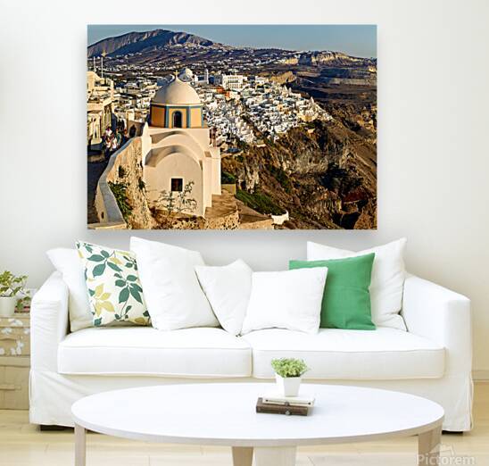 Scenic Santorini cliffside town with church and distant mountain by Marco Brivio