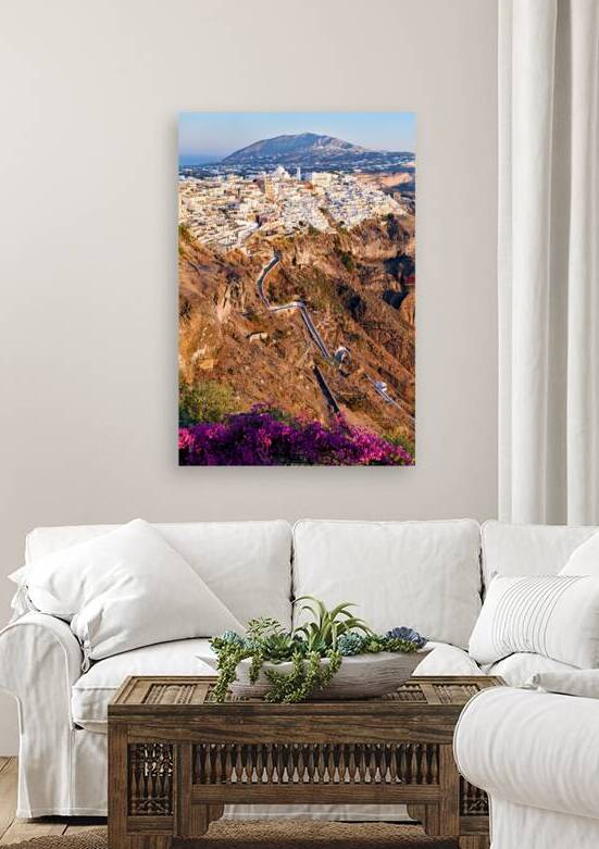 Picturesque Santorini cliffside town with winding path and vibra by Marco Brivio