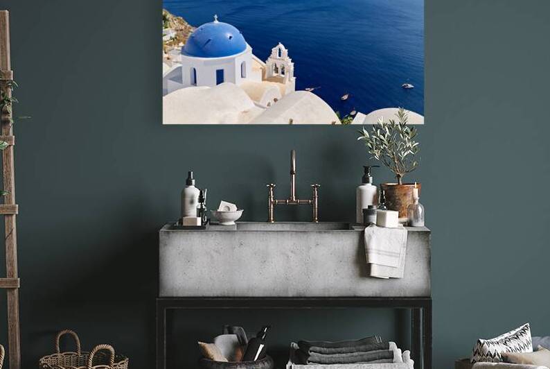 Santorini blue domed church overlooking the Aegean Sea and calde by Marco Brivio