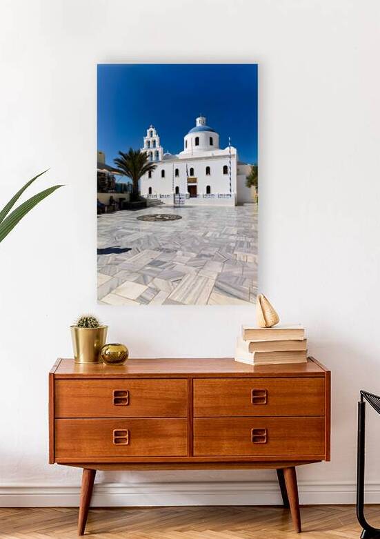 White Greek church with blue dome bell tower and marble courty by Marco Brivio