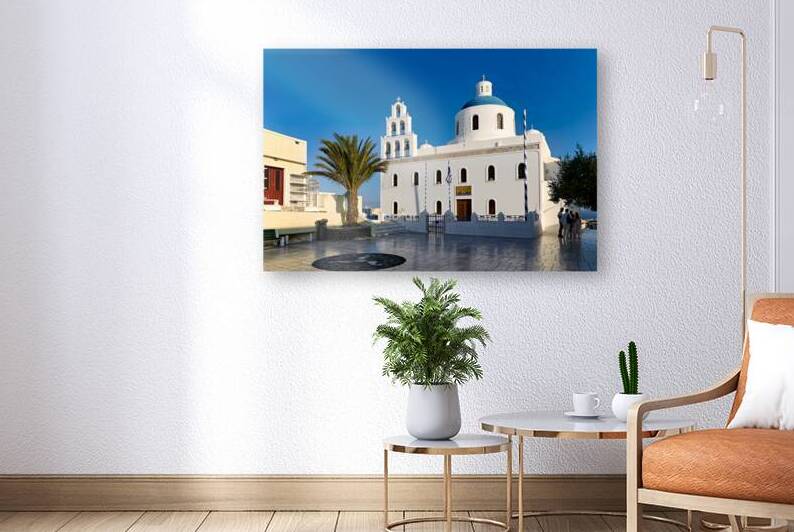 Beautiful white church blue dome palm tree clear sky. by Marco Brivio