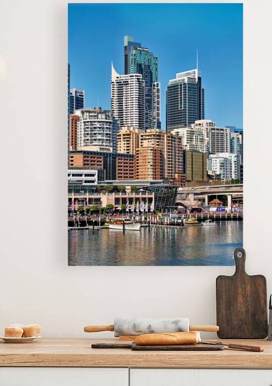 Sydney skyline with Darling Harbour and boats. by Marco Brivio