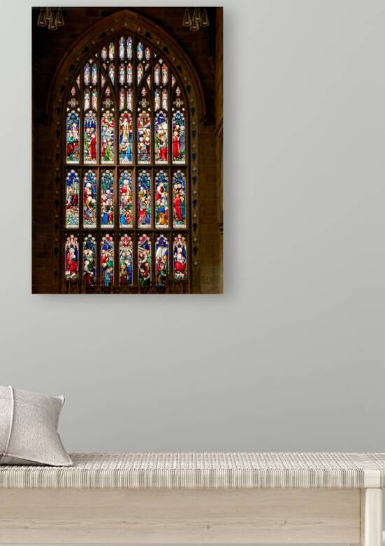 Intricate stained glass window depicting biblical scenes in a ch by Marco Brivio