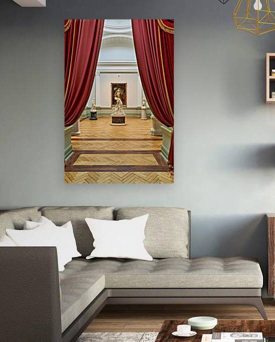 Museum gallery view with art through red curtains in Sydney by Marco Brivio