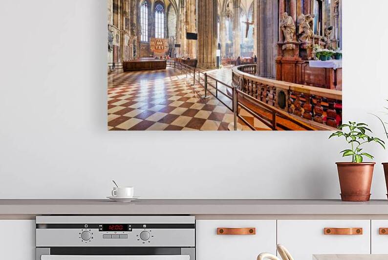 Grand cathedral interior with vaulted ceilings columns and cru by Marco Brivio