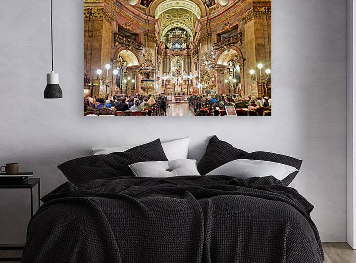 People attending a Requiem service in an ornate church. by Marco Brivio