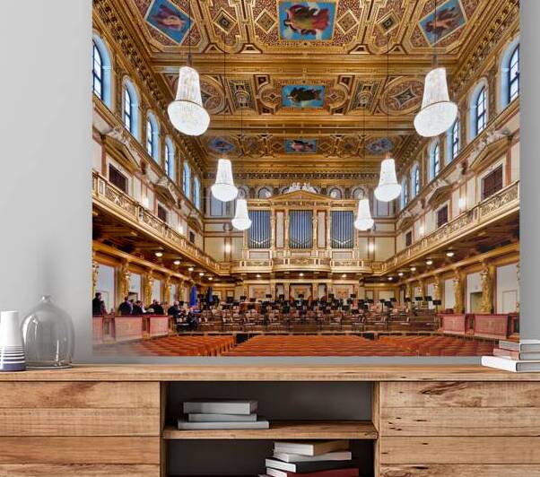 Ornate grand concert hall with organ chandeliers and empty se by Marco Brivio