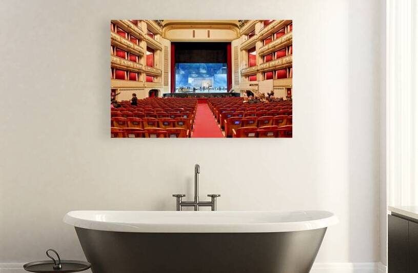 Ornate opera house interior with stage crew and audience. by Marco Brivio