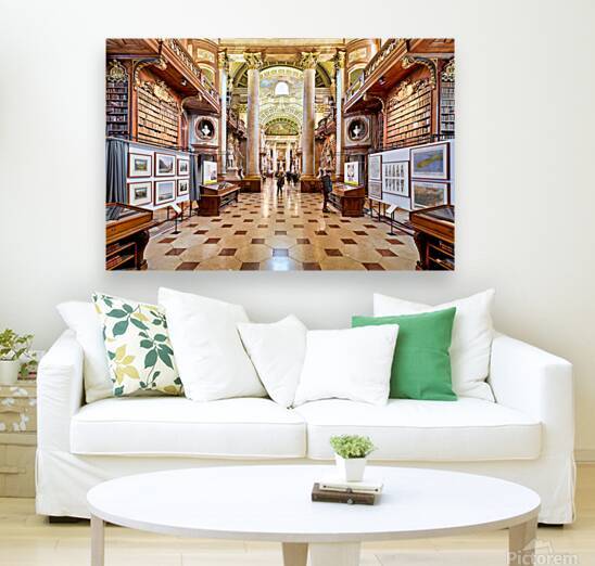 Grand ornate library interior with books columns and visitors by Marco Brivio