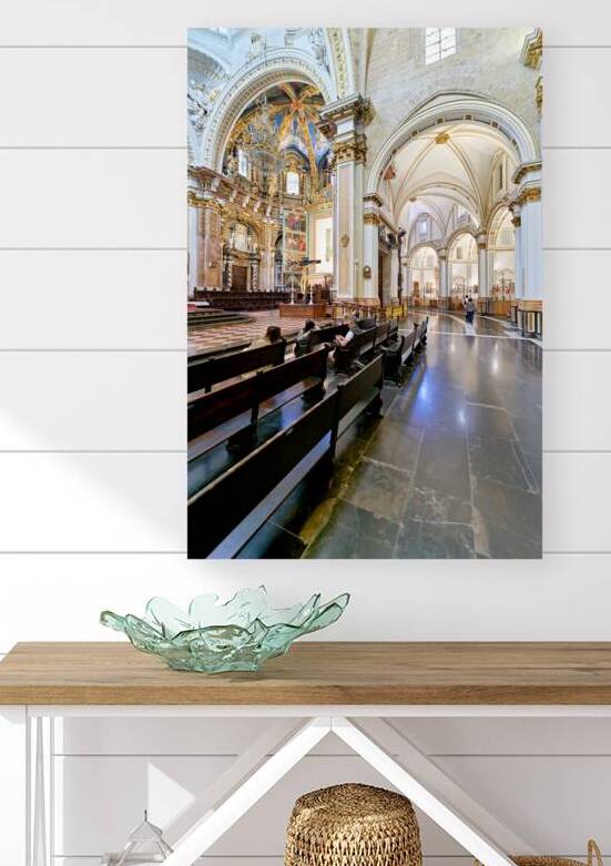 Valencia Spain Cathedral interior with visitors and seating area by Marco Brivio