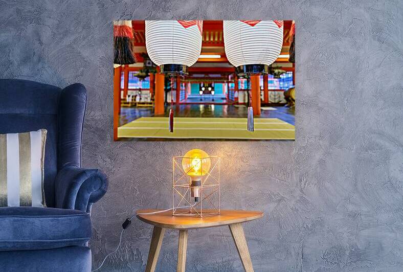 Lanterns hanging inside Itsukushima shrine in Miyajima Japan by Marco Brivio