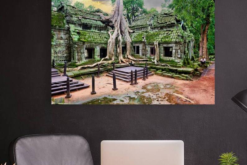 Ancient temple ruins overgrown by massive tree roots and moss. by Marco Brivio