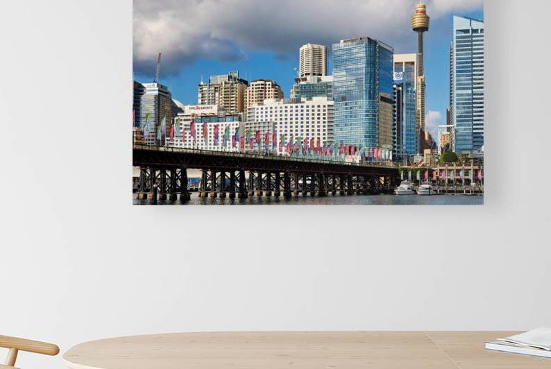 Sydney Harbour skyline with bridge and flags. by Marco Brivio