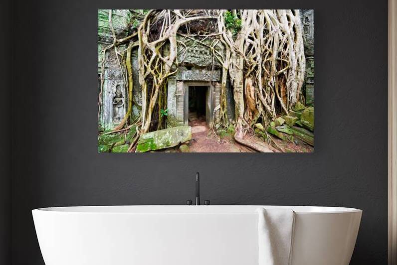 Ancient temple ruins overgrown by massive tree roots. by Marco Brivio