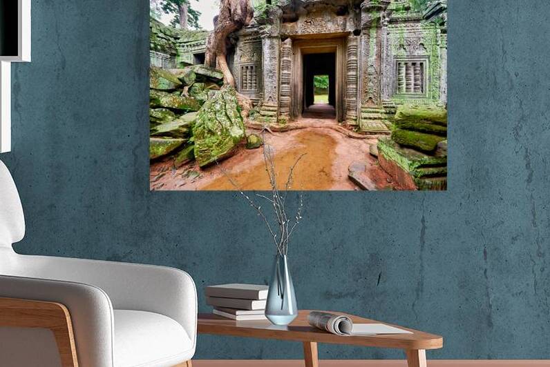 Ancient temple ruins overgrown by trees and moss. by Marco Brivio