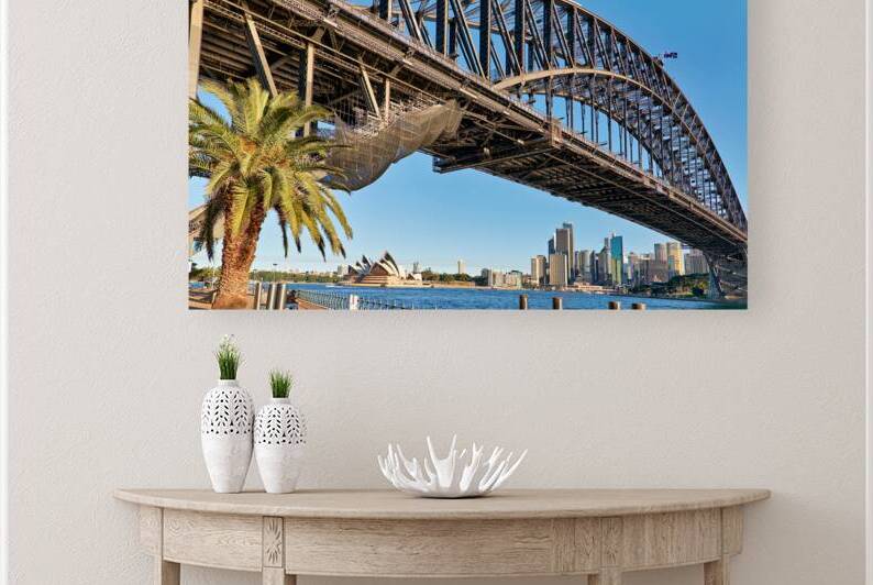Sydney Harbour Bridge and Opera House with palm tree. by Marco Brivio