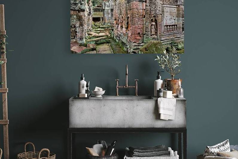 Moss covered ancient temple ruins with detailed carvings and sta by Marco Brivio