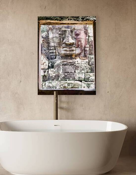 Ancient stone face carving framed in temple window. by Marco Brivio