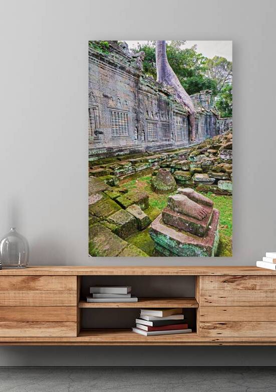 Nature reclaims ancient temple: tree roots moss fallen stones. by Marco Brivio