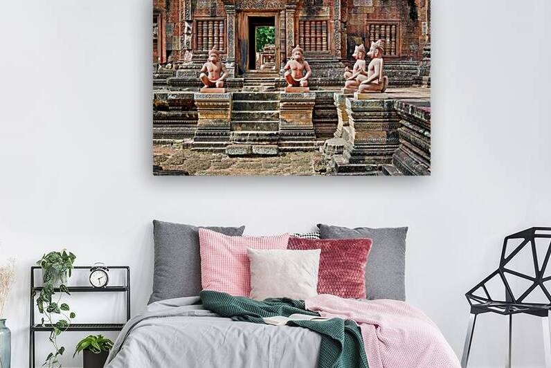 Ancient temple with intricate carvings and mythical guardian sta by Marco Brivio