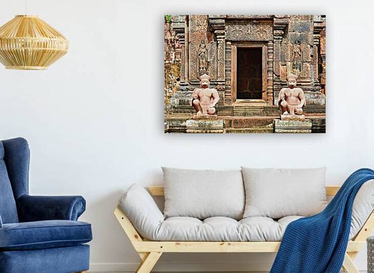 Ancient temple entrance with intricate carvings and guardian sta by Marco Brivio