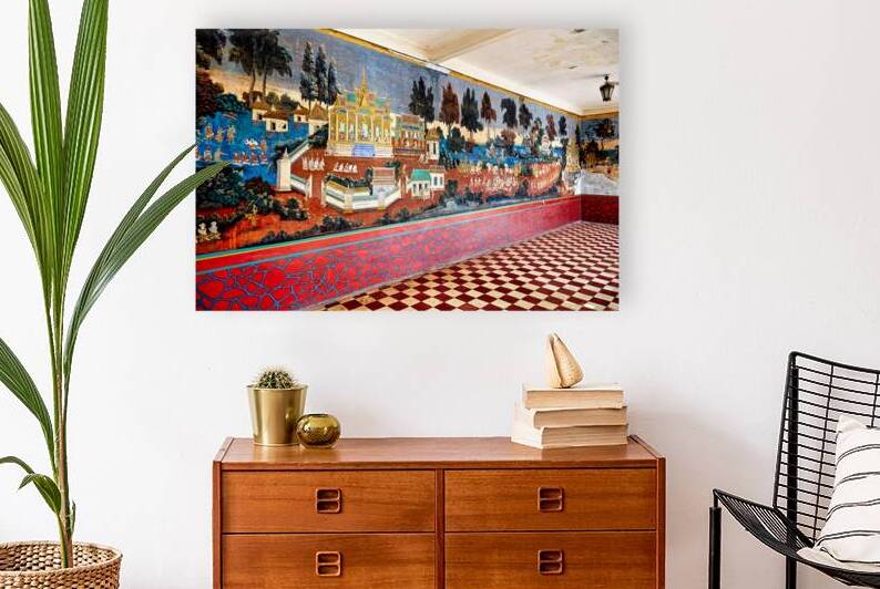 Vibrant Cambodian temple mural showcasing traditional life and a by Marco Brivio