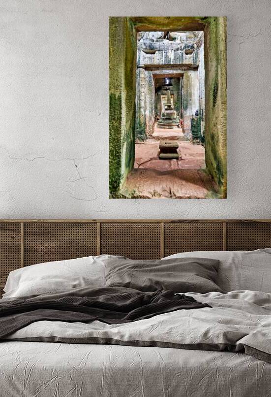 Weathered stone temple interior leading to a tiered stupa. by Marco Brivio