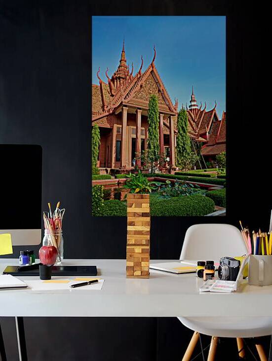 National Museum of Cambodia red building lush garden pond. by Marco Brivio