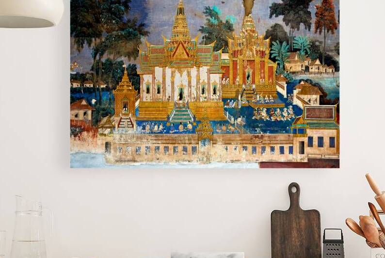 Cambodian temple mural depicting traditional life and architectu by Marco Brivio