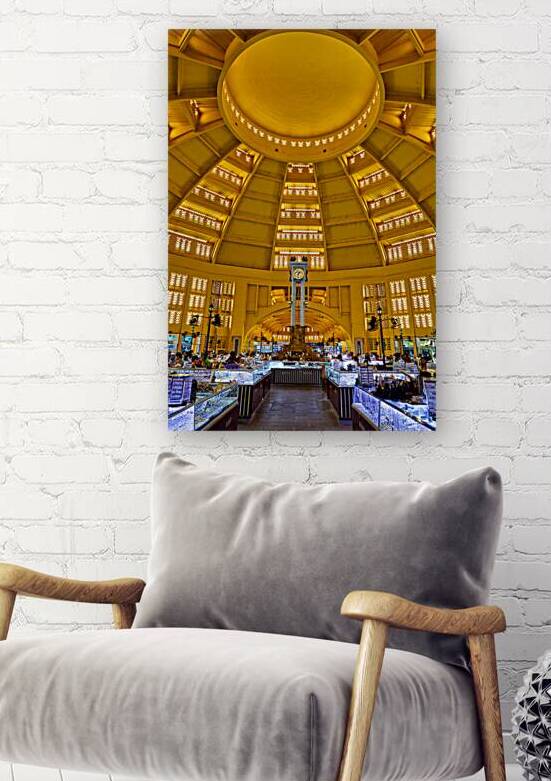 Grand domed market interior with central clock and bustling stal by Marco Brivio