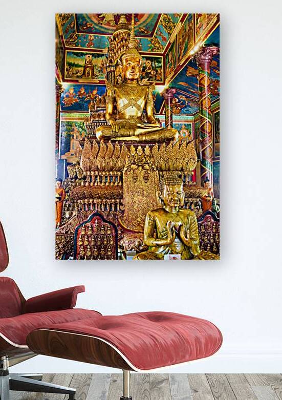 Ornate golden Buddha statue in a richly decorated temple. by Marco Brivio