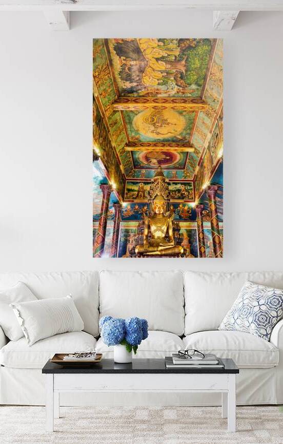 Golden Buddha statue surrounded by vibrant detailed temple mura by Marco Brivio