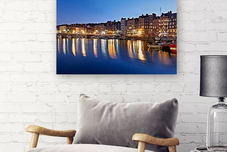 Harbour view of Honfleur at dusk with boats and buildings by Marco Brivio
