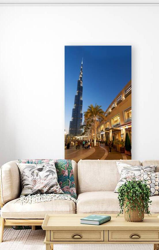 View of Burj Khalifa and Dubai promenade at twilight in Dubai UA by Marco Brivio
