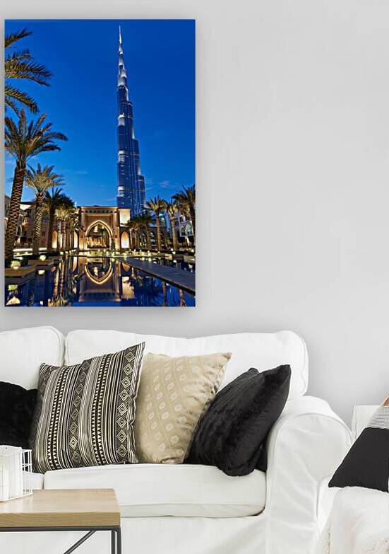 Dubai skyline with Burj Khalifa palm trees and reflections at  by Marco Brivio