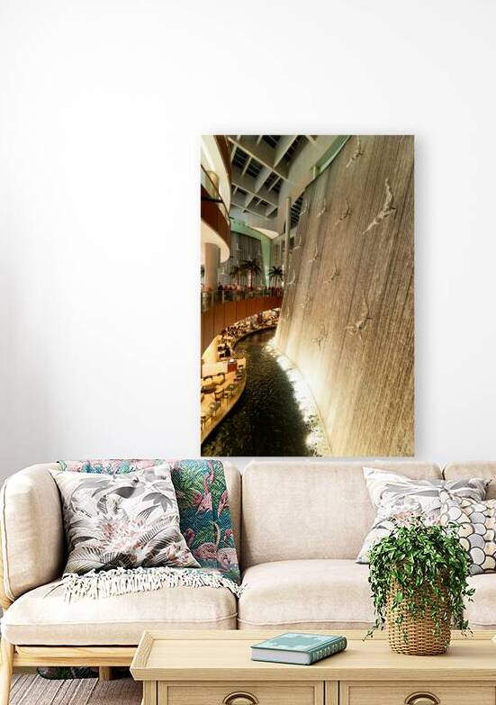 Indoor waterfall with diving sculptures and dining in Dubai UAE by Marco Brivio