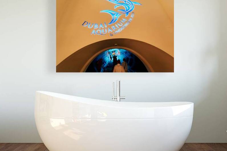 Entrance to Dubai Aquarium Underwater Zoo with glowing shark sig by Marco Brivio