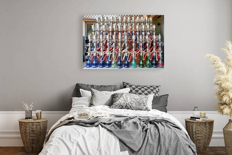 Display of hookahs for sale in Dubai cafe with many options by Marco Brivio