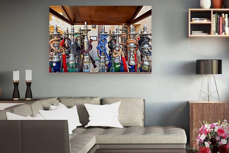 Colorful hookahs with hoses in market in Dubai UAE by Marco Brivio