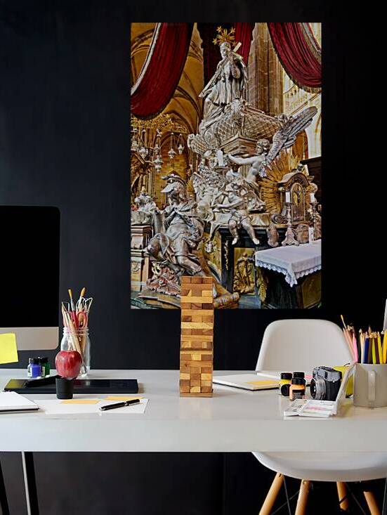 Ornate silver religious monument inside a grand cathedral. by Marco Brivio